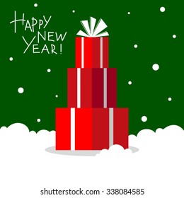 Vector illustration of red present boxes on green snow background. Image for Christmas decor, cards and greetings.