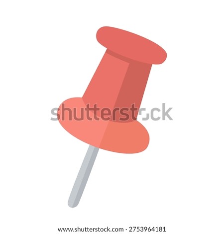 Vector illustration of a red push pin in flat design style. Cute thumbtack office stationery icon isolated on white background. Location marker symbol.