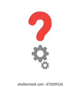 Vector illustration of red question mark and grey gears icon on white background with flat design style.
