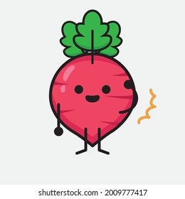 Vector Illustration of Red Radish Character with cute face and simple body line drawing on isolated background