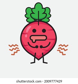 Vector Illustration of Red Radish Character with cute face and simple body line drawing on isolated background