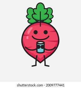 Vector Illustration of Red Radish Character with cute face and simple body line drawing on isolated background