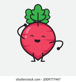 Vector Illustration of Red Radish Character with cute face and simple body line drawing on isolated background