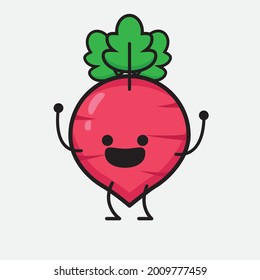 Vector Illustration of Red Radish Character with cute face and simple body line drawing on isolated background