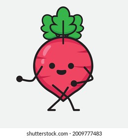 Vector Illustration of Red Radish Character with cute face and simple body line drawing on isolated background