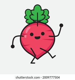 Vector Illustration of Red Radish Character with cute face and simple body line drawing on isolated background