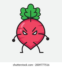Vector Illustration of Red Radish Character with cute face and simple body line drawing on isolated background