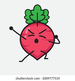 Vector Illustration of Red Radish Character with cute face and simple body line drawing on isolated background