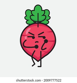 Vector Illustration of Red Radish Character with cute face and simple body line drawing on isolated background
