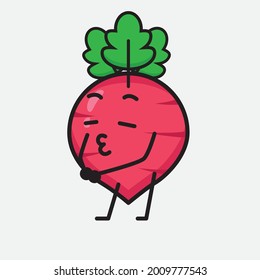 Vector Illustration of Red Radish Character with cute face and simple body line drawing on isolated background
