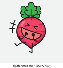 Vector Illustration of Red Radish Character with cute face and simple body line drawing on isolated background