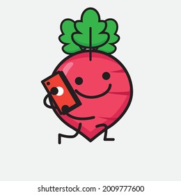 Vector Illustration of Red Radish Character with cute face and simple body line drawing on isolated background