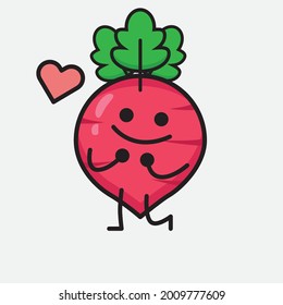 Vector Illustration of Red Radish Character with cute face and simple body line drawing on isolated background