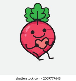 Vector Illustration of Red Radish Character with cute face and simple body line drawing on isolated background