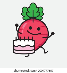 Vector Illustration of Red Radish Character with cute face and simple body line drawing on isolated background