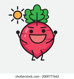 Vector Illustration of Red Radish Character with cute face and simple body line drawing on isolated background