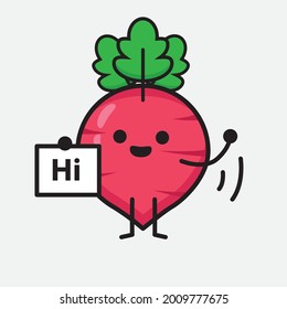 Vector Illustration of Red Radish Character with cute face and simple body line drawing on isolated background