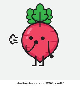 Vector Illustration of Red Radish Character with cute face and simple body line drawing on isolated background