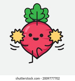 Vector Illustration of Red Radish Character with cute face and simple body line drawing on isolated background