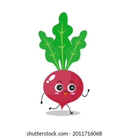 Vector illustration of red radish character with cute expression, funny, isolated on white background, vegetable for mascot collection, emoticon kawaii, happy, walk, greeting