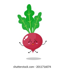 Vektorgrafik von rotem rassigem Charakter mit süßem Ausdruck, lustig, einzeln auf weißem Hintergrund, Gemüse für Maskottensammlung, Emoticon kawaii, Sprung, fröhliche Feier