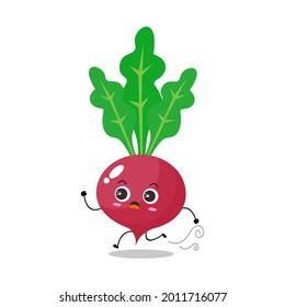 Vector illustration of red radish character with cute expression, funny, isolated on white background, vegetable for mascot collection, emoticon kawaii, run, panic, adorable