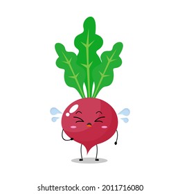 Vector illustration of red radish character with cute expression, funny, isolated on white background, vegetable for mascot collection, emoticon kawaii, cry, sad