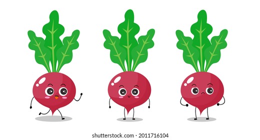 Vector illustration of red radish character with cute expression, funny, isolated on white background, vegetable for mascot collection, emoticon kawaii, lovely, happy