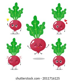 Vector illustration of red radish character with cute expression, funny, isolated on white background, vegetable for mascot collection, emoticon kawaii, adorable, lovely, happy