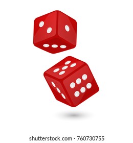 Icono de dados de juego realistas rojos en el cierre del vuelo aislado en fondo blanco. Plantilla de diseño de juegos de casino para aplicaciones, web, infografías, publicidad, maquetas, etc