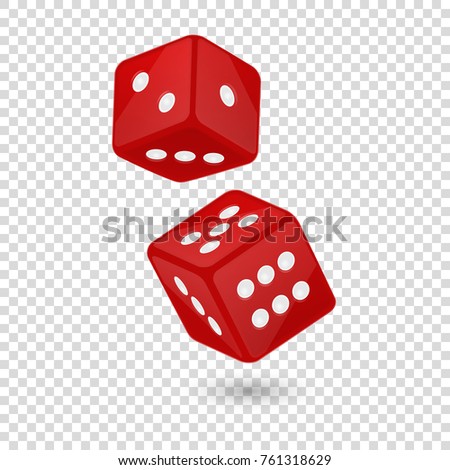 Vector illustration of red realistic game dice icon in flight closeup isolated on transparency grid background. Casino gambling design template for app, web, infographics, advertising, mock up etc