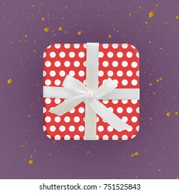 Vector illustration of red realistic gift box with rounded corners with a polka-dot pattern and white ribbon. Top view.