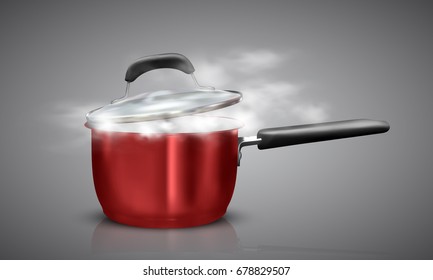 vector illustration. red realistic saucepan with smoke isolated on gray background