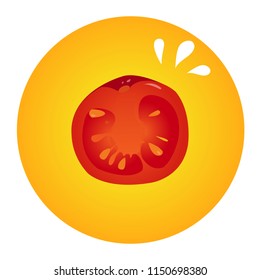Vector illustration, red realistic slice of the tomato without outline on a yellow round background.