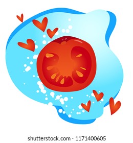 Vector illustration, red realistic slice of the tomato without outline, with hearts and bubbles