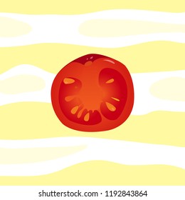 Vector illustration, red realistic slice of the tomato without outline on a light-yellow striped background.