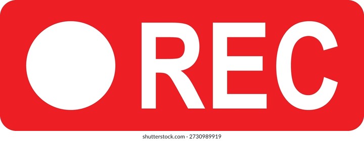 Vector illustration of a red recording symbol featuring a bold red circle and white “REC” text on a Red background. Represents active video or audio recording. Ideal for media production graphics, surveillance UI, broadcast overlays, and digital interface elements.