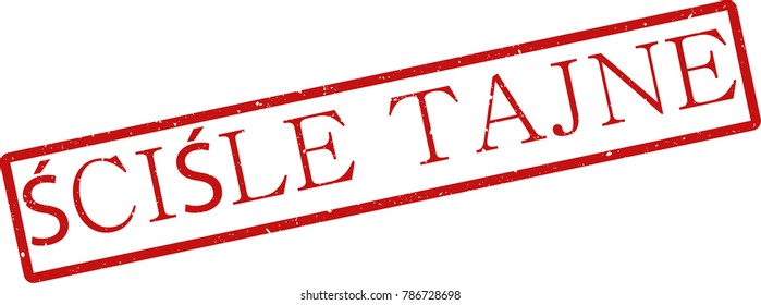 Vector illustration of red rectangular rubber grunge stamp with the inscription "top secret" in polish  language isolated on white background. Translation of the text "top secret"