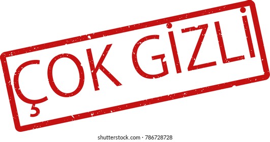 Vector illustration of red rectangular rubber grunge stamp with the inscription "top secret" in turkish  language isolated on white background. Translation of the text "top secret"