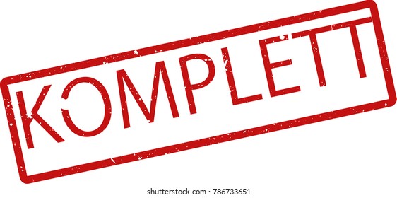 Vector illustration of red rectangular rubber grunge stamp with the inscription "complete" in german  language isolated on white background. Translation of the text "complete"