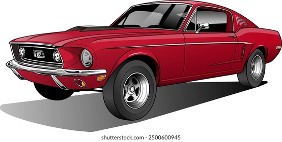 Una Ilustración vectorial de un muscle car retro rojo con detalles cromados y características clásicas de diseño muscular