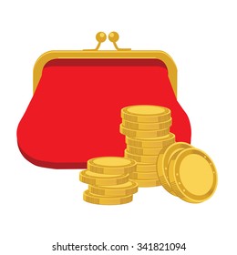 Monedero retro rojo de Ilustración vectorial y pila de monedas de oro. Concepto de ahorro de dinero. Icono plano del monedero