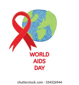 Vector illustration with Red ribbon - AIDS, HIV, heart disease, stroke awereness sign. Red AIDS ribbon with world on white background with text.