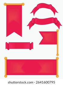Vector illustration of a red ribbon and banner set with various designs and folds. Great for labels, awards, tags, posters, and decorative graphic elements. Fully editable and high-quality design.