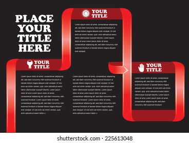 Vector illustration of red ribbon frame for page layout and presentation template with white text on black background. 