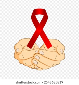 Vector illustration of red ribbon in hands on transparent background