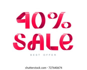 Vector illustration. Red Ribbon isolated on white background. Sale 40 percent off. 40% discount. Sale symbol, sticker tag, special offer label, advertising badge. 3d sign paper folding banner.