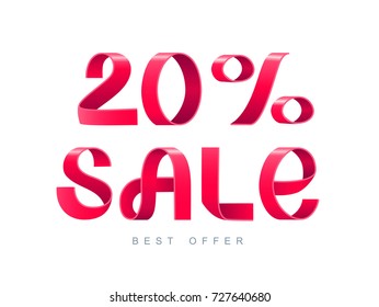 Vector illustration. Red Ribbon isolated on white background. Sale 20 percent off. 20% discount. Sale symbol, sticker tag, special offer label, advertising badge. 3d sign paper folding banner.