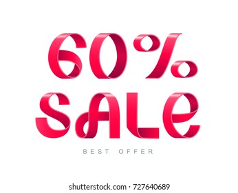 Vector illustration. Red Ribbon isolated on white background. Sale 60 percent off. 60% discount. Sale symbol, sticker tag, special offer label, advertising badge. 3d sign paper folding banner.