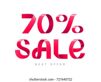 Vector illustration. Red Ribbon isolated on white background. Sale 70 percent off. 70% discount. Sale symbol, sticker tag, special offer label, advertising badge. 3d sign paper folding banner.